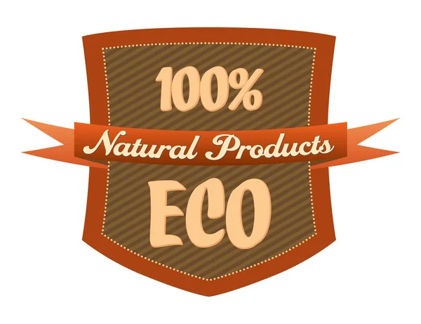 100 Eco Food Natural Products Label Tag Shield Ribbon Brown — Stock Vector