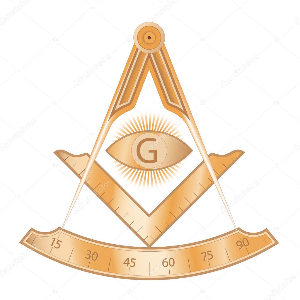 Copper masonic square and compass symbol, with G letter in an eye on sun rays. Mystic occult esoteric, sacred society. Vector illustration