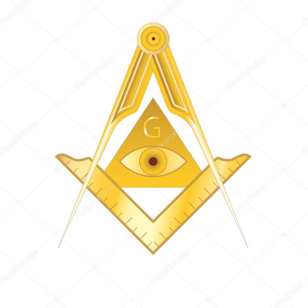Golden masonic square and compass symbol, with triangle, eye and G letter. Mystic occult esoteric, sacred society. Vector illustration