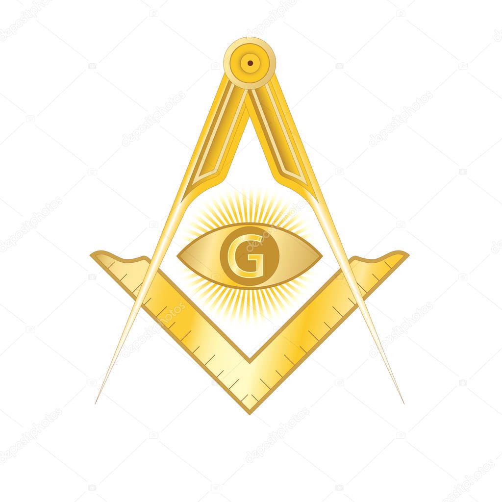 Golden masonic square and compass symbol, with G letter in an eye on sun rays. Mystic occult esoteric, sacred society. Vector illustration
