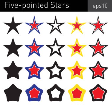 Beyaz arka plan üzerinde yuvarlak açıları ile çeşitli renkli beş köşeli yıldız