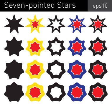 Beyaz arka plan üzerinde yuvarlak açıları ile çeşitli renkli yedi köşeli yıldız