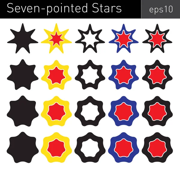 Beyaz arka plan üzerinde yuvarlak açıları ile çeşitli renkli yedi köşeli yıldız