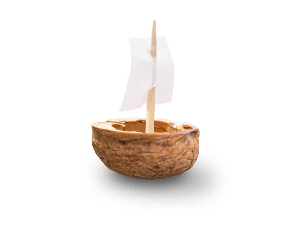 Toy Made Walnut Shell Sail Isolated White Background — Stock Photo, Image