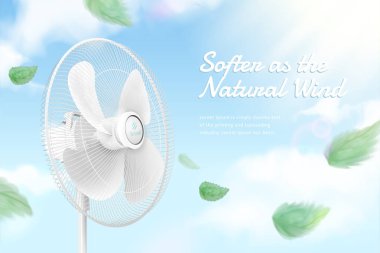 3d resimde yeşil mavi gökyüzü arka plan üzerinde hava hava üfleme yaprakları hareketli fan standı