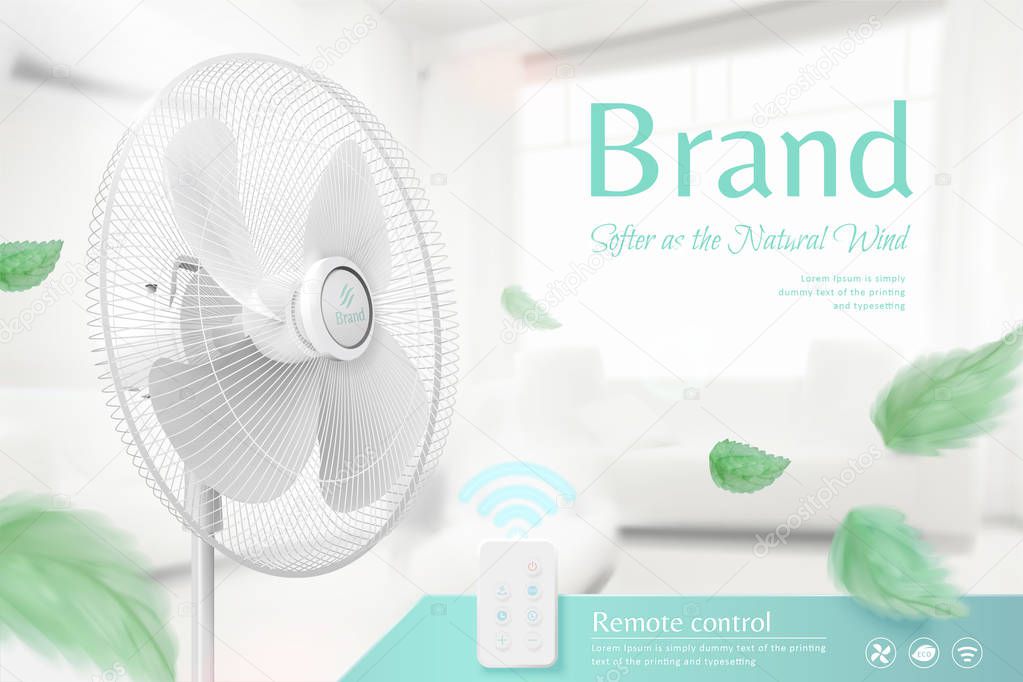 Stand fan moving the air in 3d illustration, green leaves blowing in the air with cozy and bright interior background