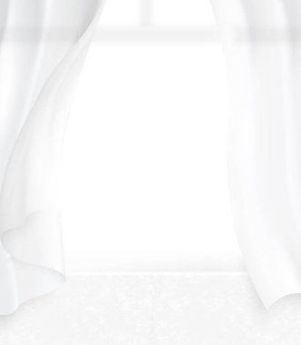 Rüzgarda esen şeffaf perde ile rahat iç arka plan, 3d illüstrasyon