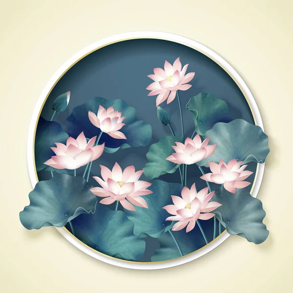 Étang Lotus Gracieux Avec Cadre Rond — Image vectorielle