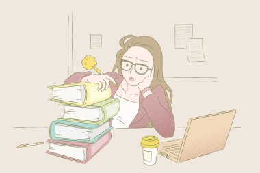 Bir belge ve keçe endişeli yığını, elle çizilmiş anahat tarzı pastel renk ile karşı karşıya hanım