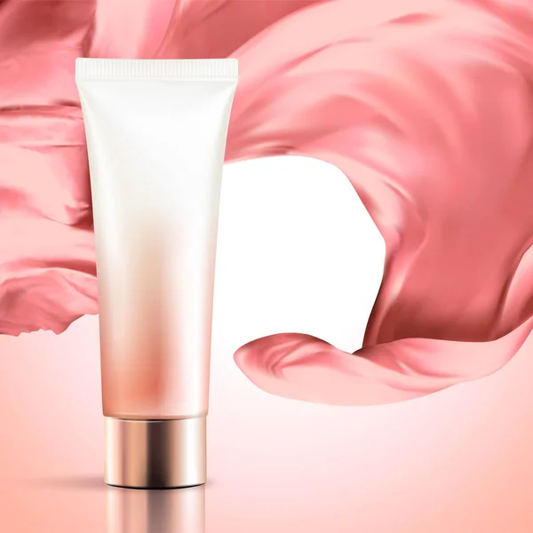 Tubo Plastica Cosmetica Vuota Con Tessuto Raso Sfondo Colore Rosa — Vettoriale Stock