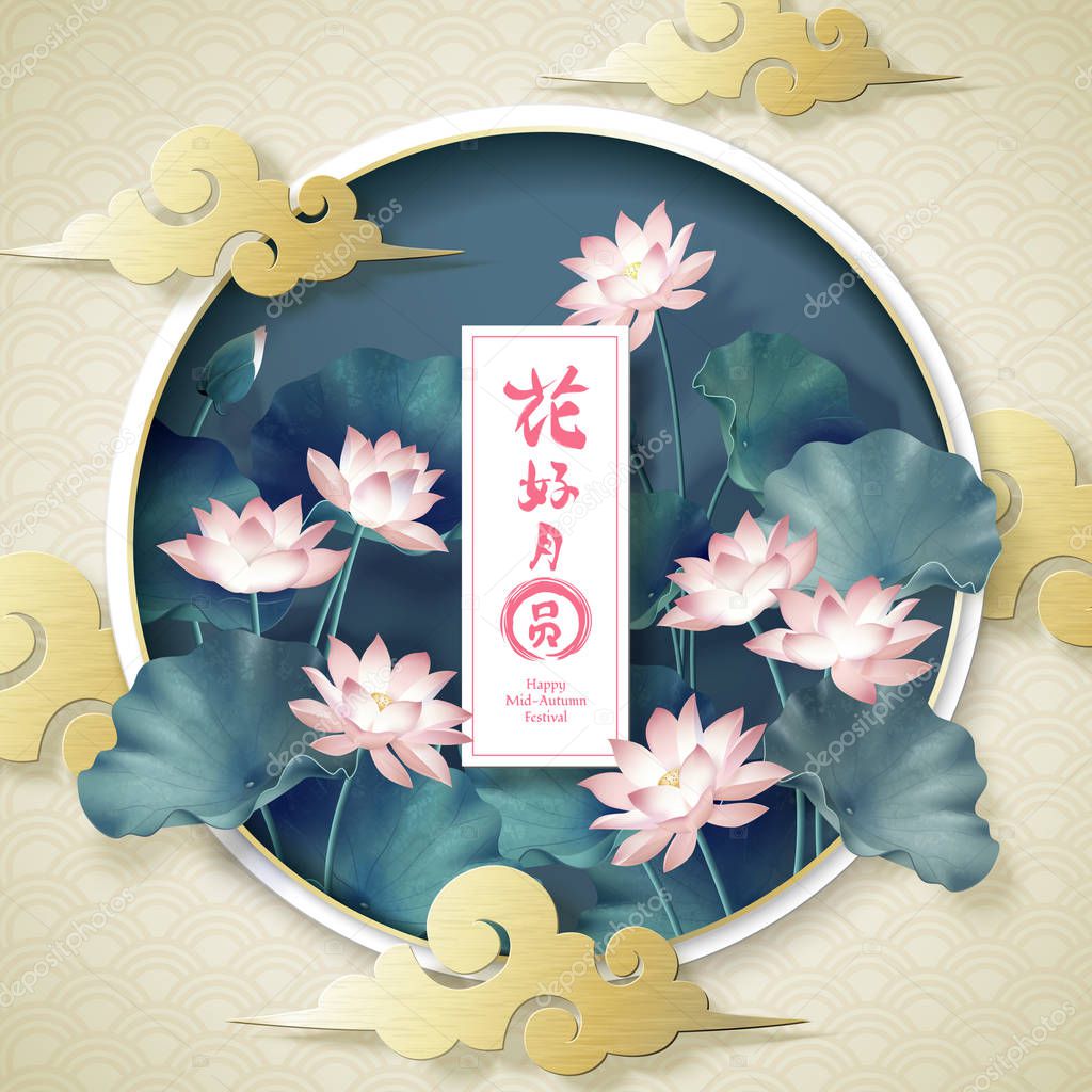 Mid-autumn festival poster with Chinese word which means the full moon and blooming flowers slogan