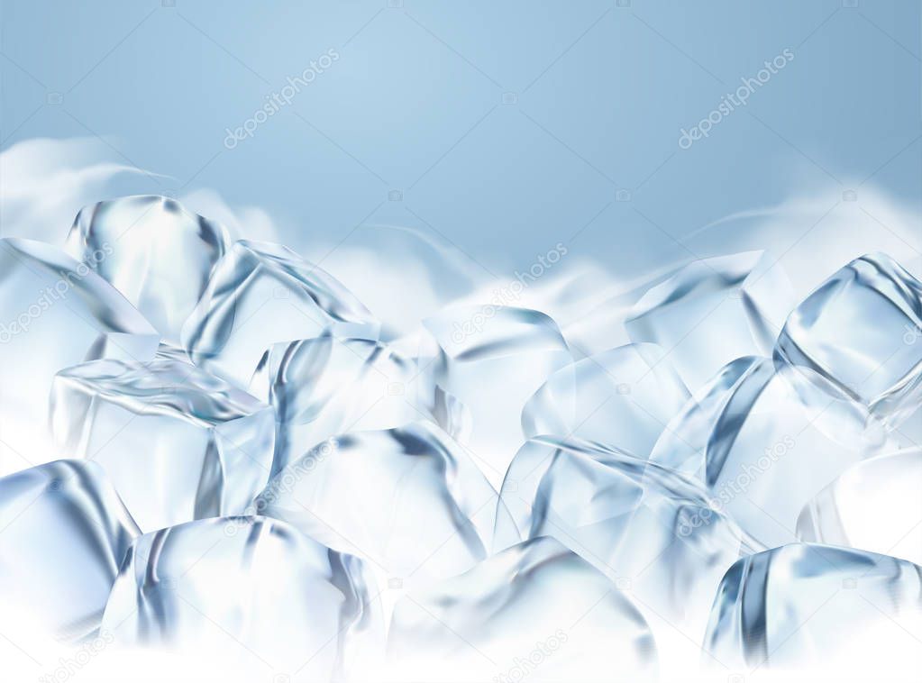 Clear ice cubes with fogged special effect in 3d illustration, frozen background for design uses