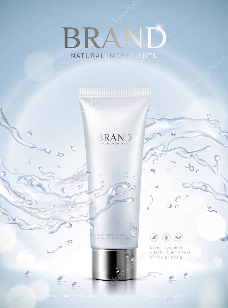 Moisturizing skincare ads with plastic tube and splashing aqua effect on glittering blue background, 3d illustration