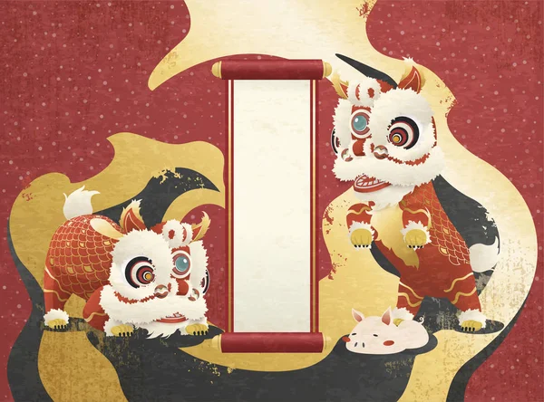 Nouvel Chinois Salutation Avec Danse Cochon Lion Mignon Rouleau Blanc — Image vectorielle