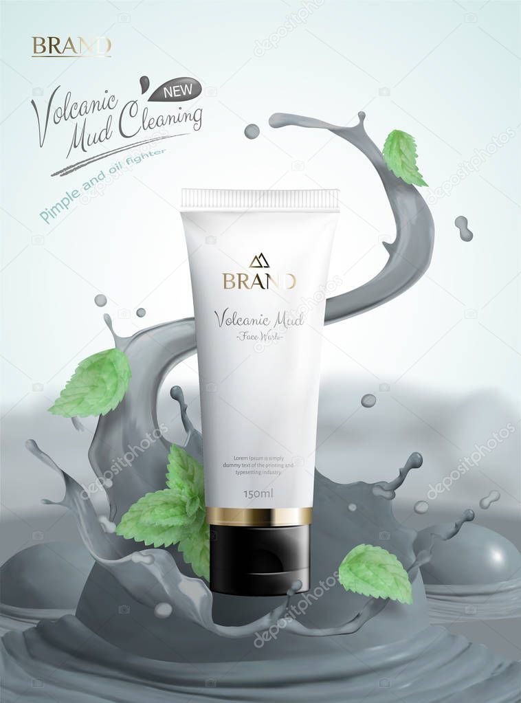 Volcanic mud skincare product with white plastic tube and splashing mud in 3d illustration, mint leaves flying in the air