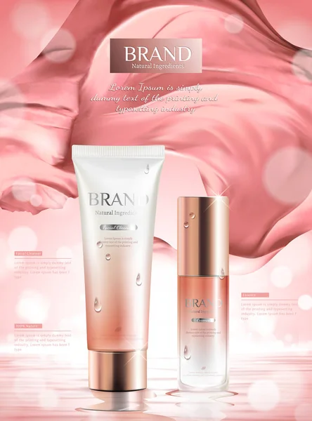 Luxury Pink Skincare Product Ads Wavy Satin Illustration Bokeh Background — Stock Vector