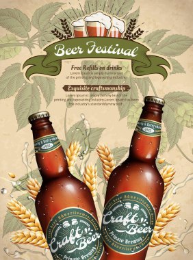 Bira Festivali Afiş ile 3d resimde ürün ve buğday oyulmuş atlama çiçek arka plan üzerinde