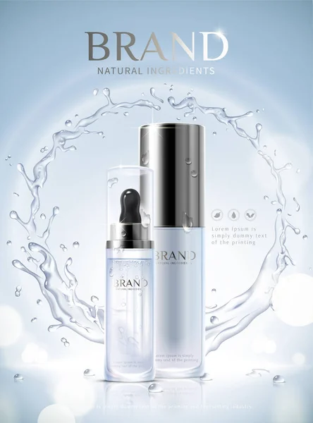 Cilt Bakımı reklamlarla damlacık cam şişe ve dönen aqua etkisi ışıltılı mavi arka plan, 3d çizim nemlendirici