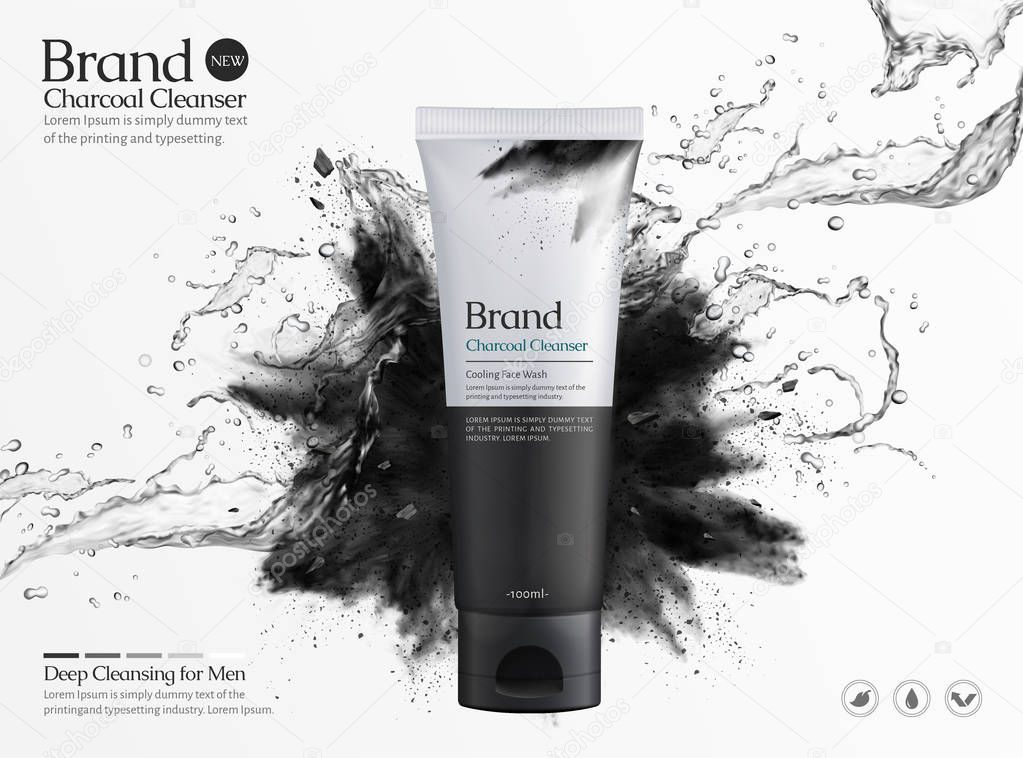 Charcoal cleanser commercial ads with splashing liquid and black powder explosion on white background, 3d illustration