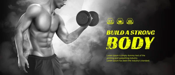 Cuerpo Entrenamiento Curso Banner Anuncios Con Hombre Guapo Haciendo Levantamiento — Vector de stock