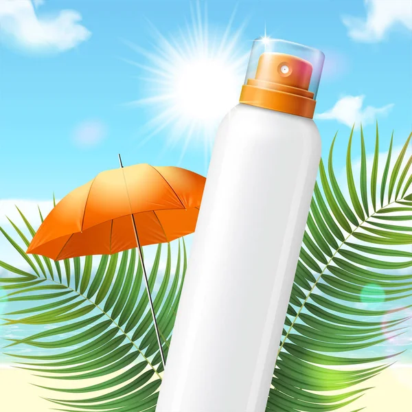 空白防晒霜喷雾瓶在棕榈叶和海滩背景在3D — 图库矢量图片