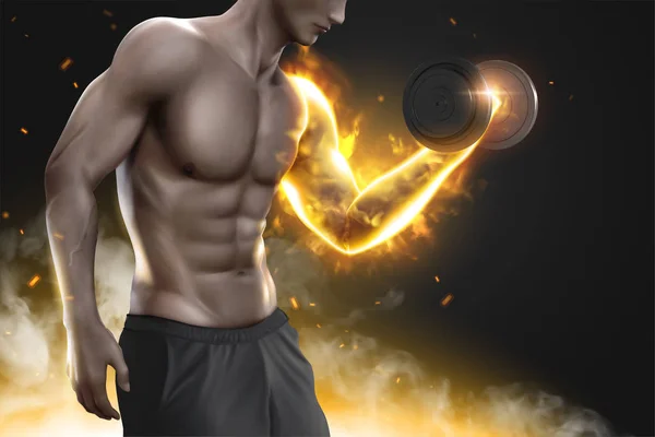 Hunky Man Macht Gewichtheben Übungen Mit Seinem Arm Glühend Illustration — Stockvektor