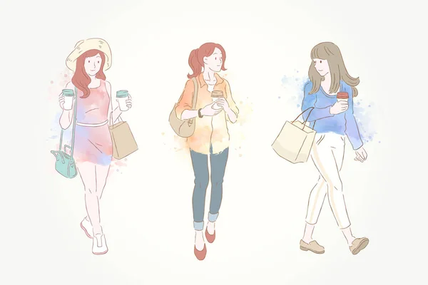 Mode Des Femmes Ligne Dessinée Main Pinceau Aquarelle Coloré — Image vectorielle