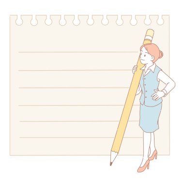 Bir kalem tutan kadın ve çizgi stili içinde notepaper bakmak