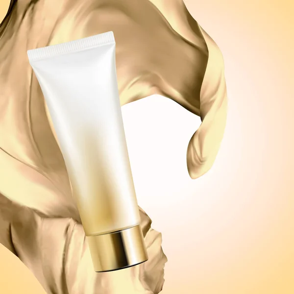Tubo Plastica Cosmetica Vuota Con Tessuto Raso Sfondo Color Oro — Vettoriale Stock
