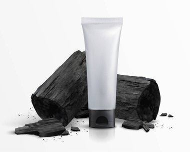 3d illüstrasyon kömür ile Boş kozmetik plastik tüp, beyaz arka plan
