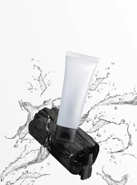 Tubo Plastica Cosmetica Vuota Con Carbone Liquido Spruzzante Sfondo Bianco — Vettoriale Stock