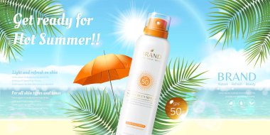 Güneş koruyucu sprey reklamları resort beach arka planda 3d çizim, palmiye ağacı öğesi bırakır.