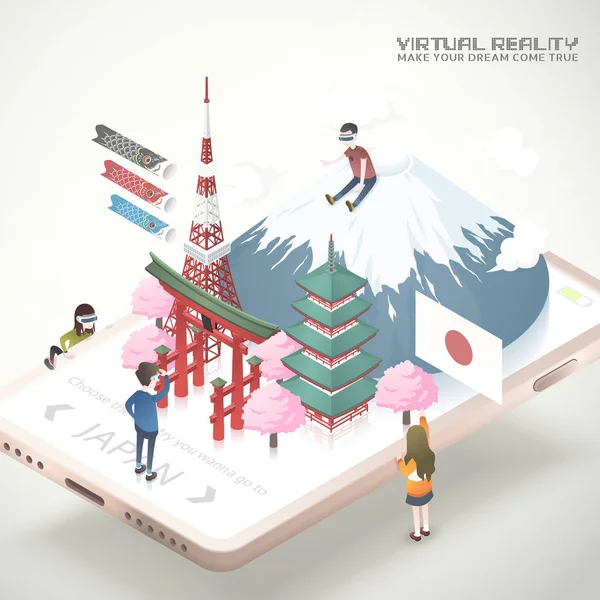 Virtuele Realiteit Concept Isometrische Projectie Stijl Japan Toerisme App — Stockvector