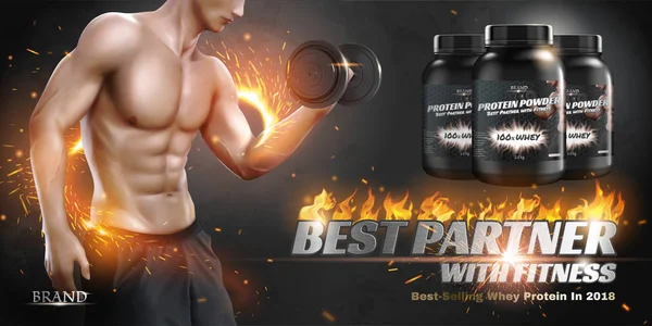 Protein Tozu Banner Reklamları Yakışıklı Adamla Dumbbell Resimde Özel Parlak — Stok Vektör