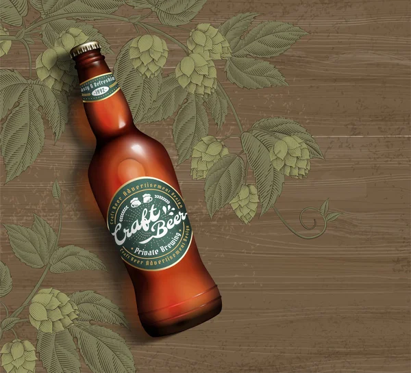 Craft Beer Illustration Auf Gravierten Hopfenblüten Und Holztischhintergrund — Stockvektor