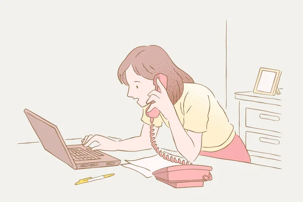 Mujer Trabajadora Hablando Por Teléfono Estilo Contorno Dibujado Mano Color — Vector de stock