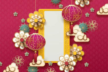 Geleneksel Kameri yıl arka plan asılı fenerler ve çiçekler, Fuşya arka plan ile