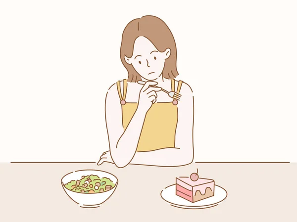 Frau Auf Diät Und Darüber Nachdenken Welche Gerichte Sie Essen — Stockvektor