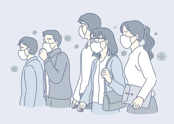 Menschen Mit Masken Gegen Luftverschmutzung Blauton — Stockvektor