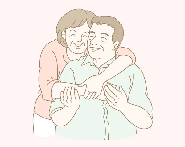中年夫妇拥抱对方在柔和的粉红色背景线风格 — 图库矢量图片