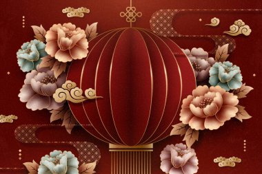 Çin tarzı kağıt sanat kırmızı fener ve şakayık arka plan