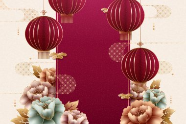 Chinese style paper art red lanterns and peony background clipart