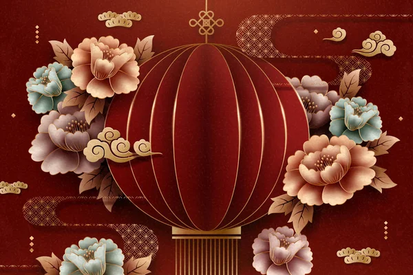Китайский Стиль Бумаги Красный Фонарь Пионерский Фон — стоковый вектор