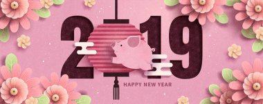 Sevimli domuzcuk 2019 yılbaşı banner, pembe çiçekli çerçeve üzerinden atlama