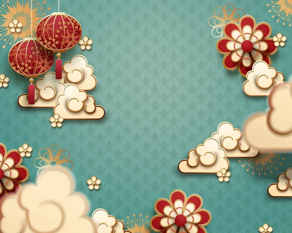 Hängende Laterne Und Wolken Papierkunst Auf Türkisfarbenem Hintergrund — Stockvektor