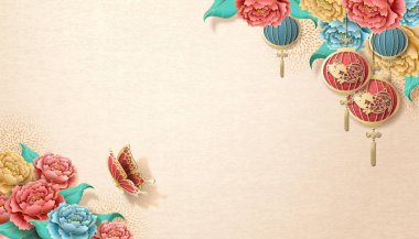 Çin yeni yılı banner şablon şakayık çiçekleri ve asılı fenerler