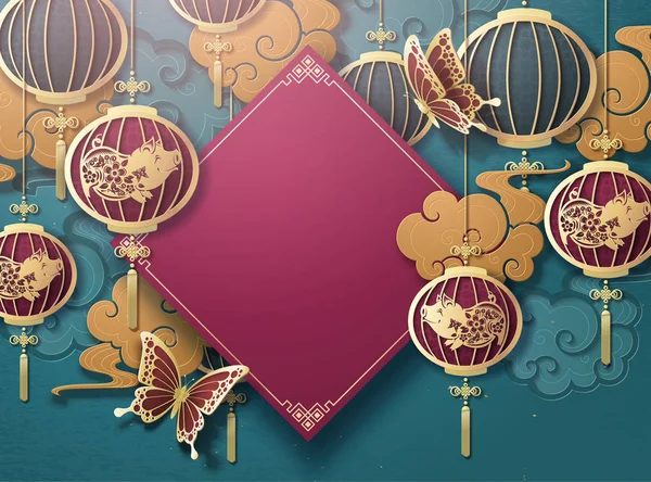 Китайский Новогодний Шаблон Висячими Фонарями Золотым Облаком — стоковый вектор