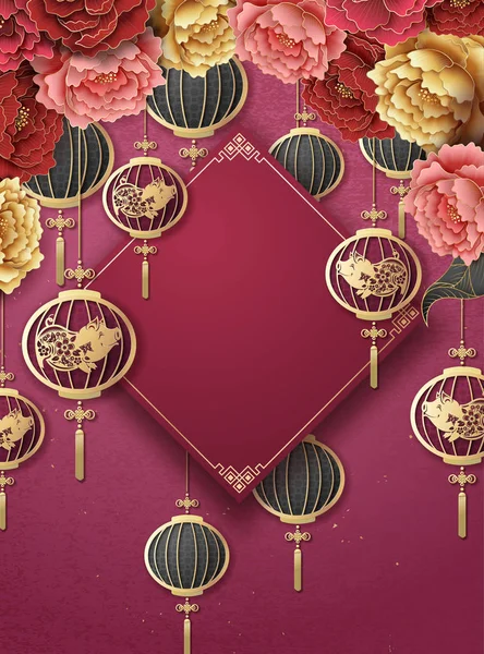 Китайский Новый Год Плакат Шаблон Висячими Фонарями Красочный Пион Фоне — стоковый вектор