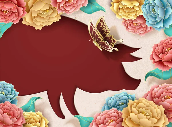 Kinesiska Nyåret Affisch Mall Med Pion Blommor Och Piggy Form — Stock vektor