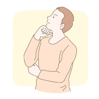 İnce çizgi stili bir süre onun çene ve düşünme altından elini koymak adam